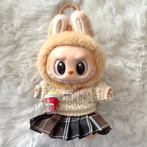 Labubu Plaid Skirt Outfits with Popcorn - Brown/Cream(3 in 1)